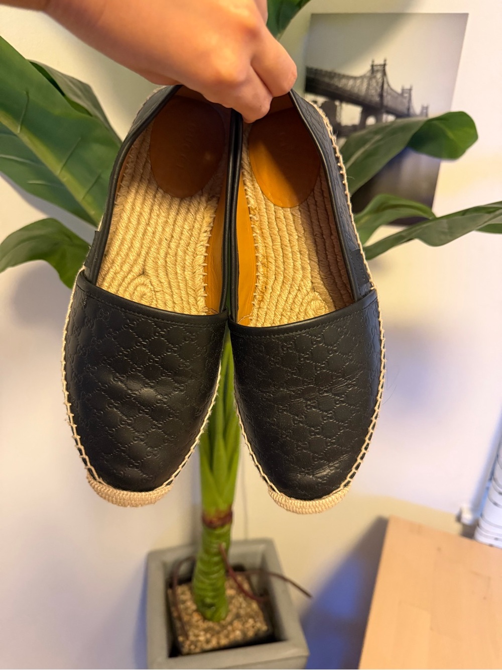 Gucci Black Leather Espadrille Slip-Ons